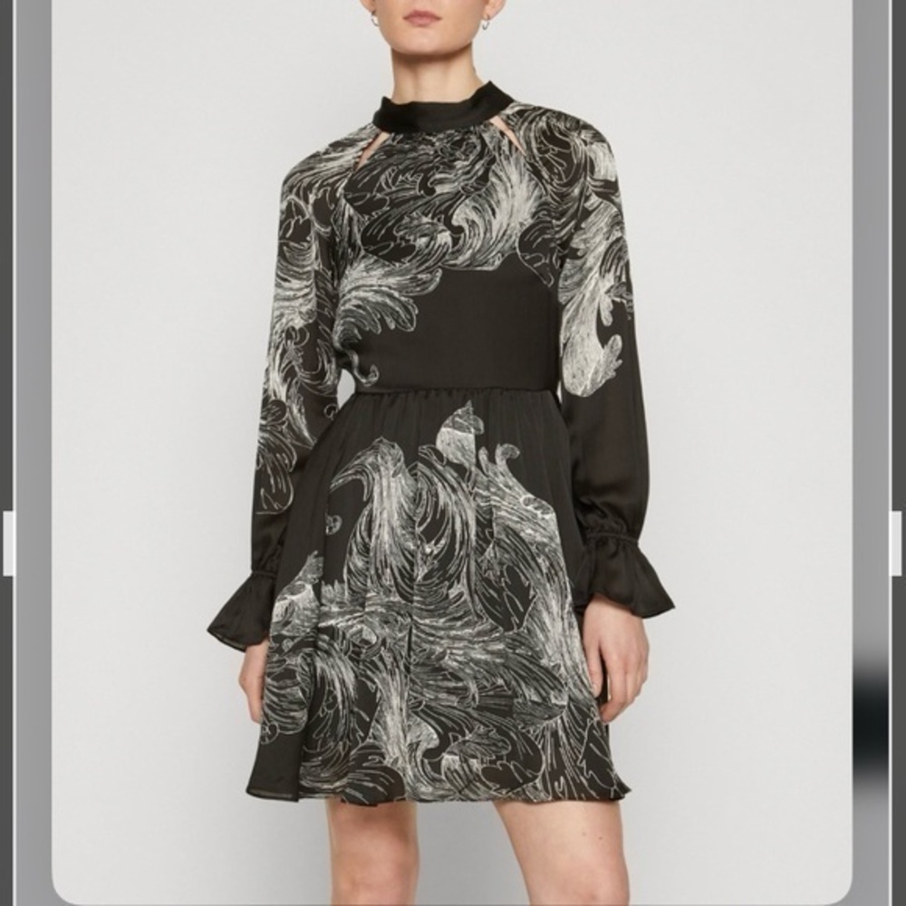 Ted Baker Jazmyna Tie Neck Pleat Mini Dress
 in Black Floral Size US 4 / Ted 1